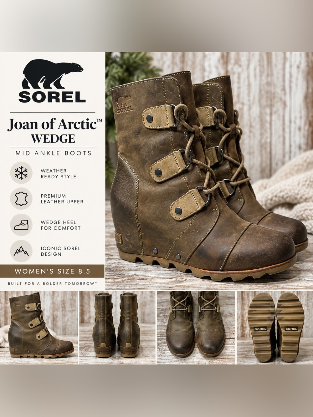 SOREL Joan of Arctic Wedge Mid Boots Women’s 8.5 Brown Leather Lace Up